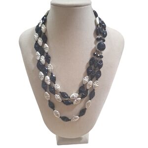 Vintage West Germany Black & Silver Acrylic Triple Strand Beaded Necklace 18"